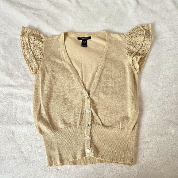 Mango Gold Glitter Knit Cardigan Crouched Short Sleeve Trim Button Front Top M - Picture 1 of 10